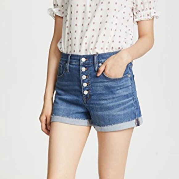 MADEWELL 25 Blue High-Rise Denim Shorts Roll Cut Off Button Front Edition - Picture 1 of 7